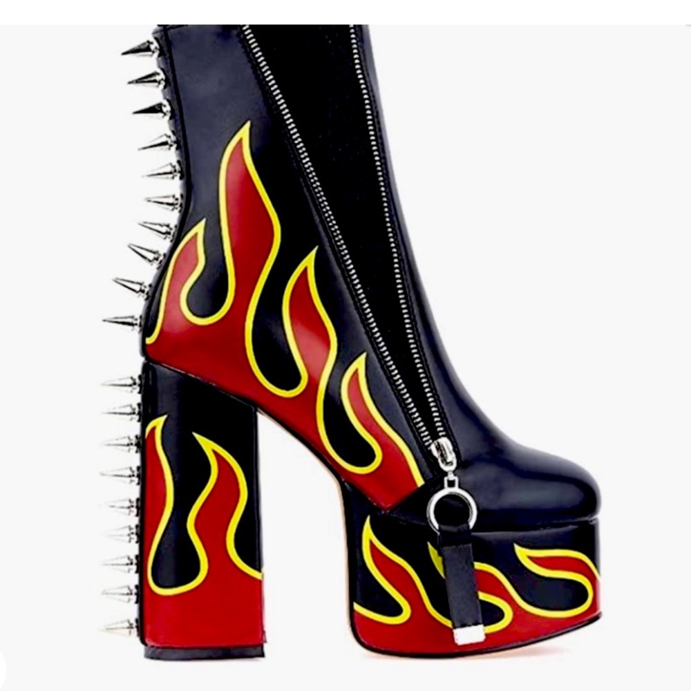New! Women's Elastic band High Heels Rivets Ankle Boots Ladies Flames Totem M